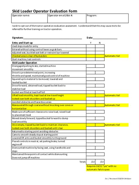 mini excavator operator evaluation form|skid steer hands on assessment.